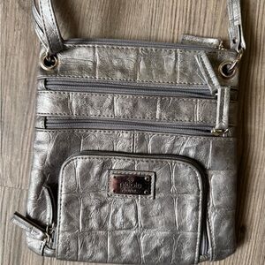 NICOLE CROSSBODY BAG FAUX ALLIGATOR CROCODILE LEATHER METALLIC SILVER PEWTER